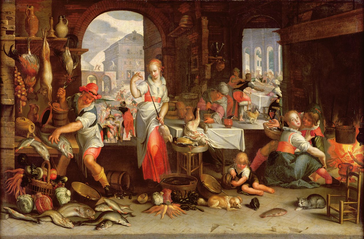 Kjøkkenscene med lignelsen om høytiden av Joachim Wtewael or Utewael