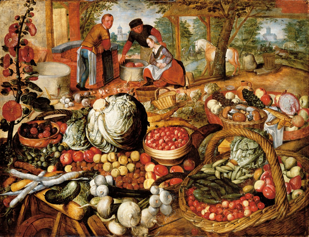 En grønnsaksbod med Flight Into Egypt bortenfor av Joachim Beuckelaer