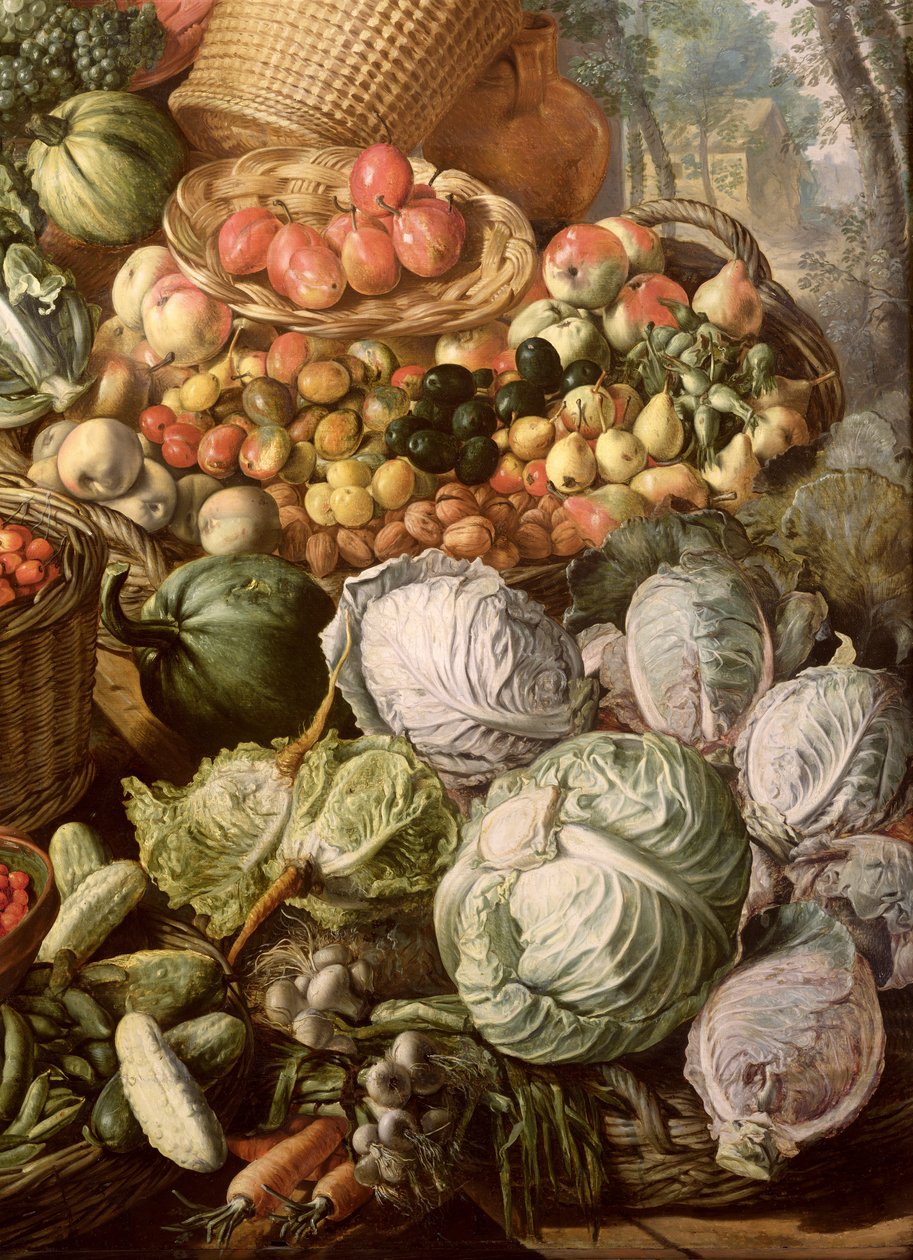 Detalj av stilleben med frukt, grønnsaker og en markedskvinne, 1564 (olje på (se 247452 og 247450) av Joachim Beuckelaer