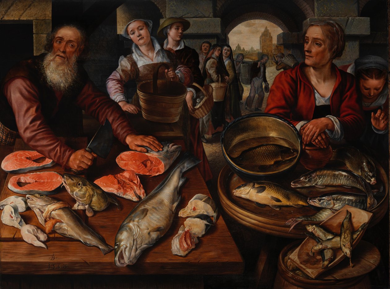 Fiskemarked, 1568 (olje på baltisk eik) av Joachim Beuckelaer
