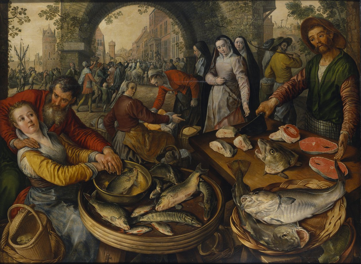 Fiskemarked med Ecce Homo, 1570 av Joachim Beuckelaer