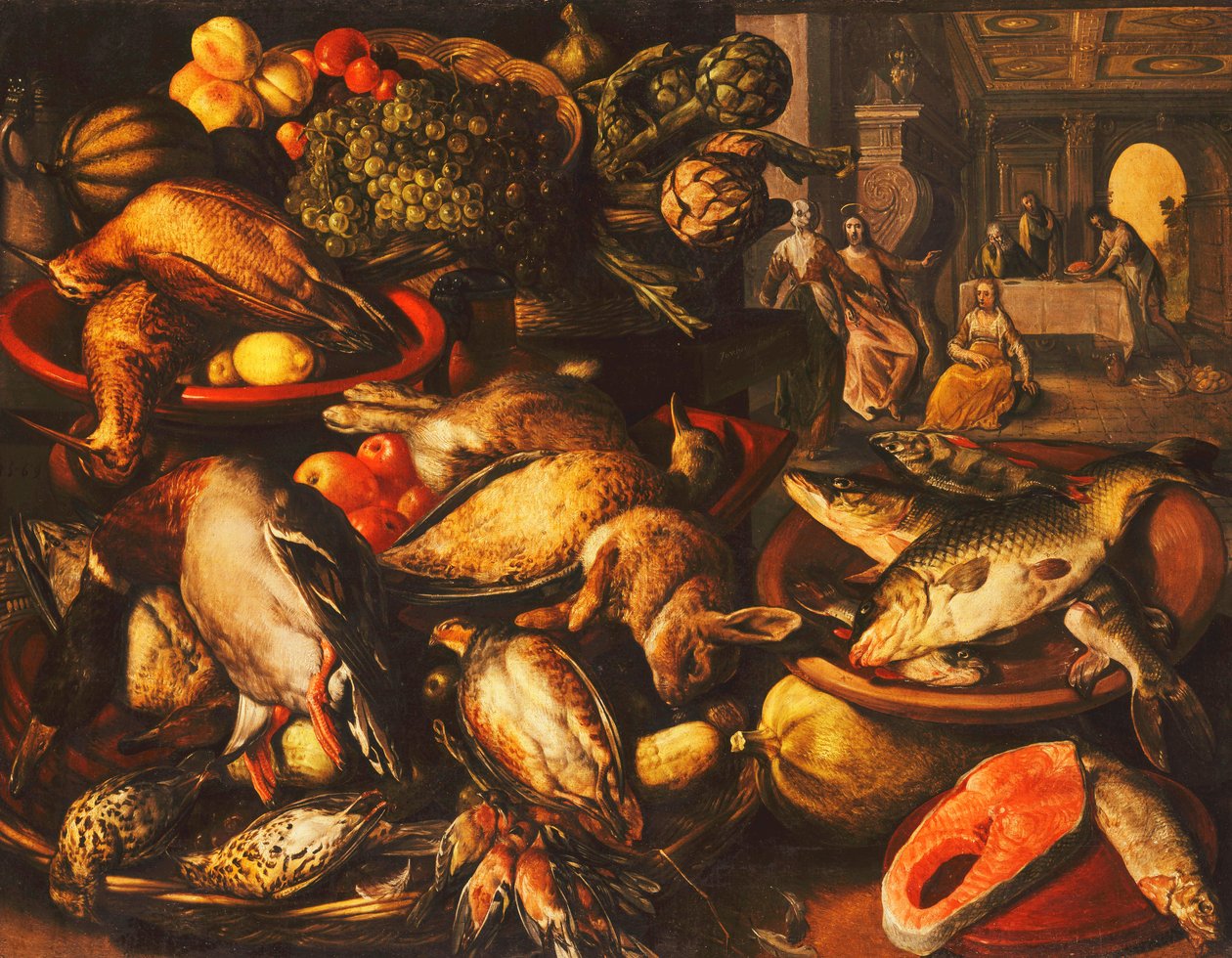 Vilt, fisk, frukt og grønnsaker i kurver og boller i et spisekammer, 1569 av Joachim Beuckelaer