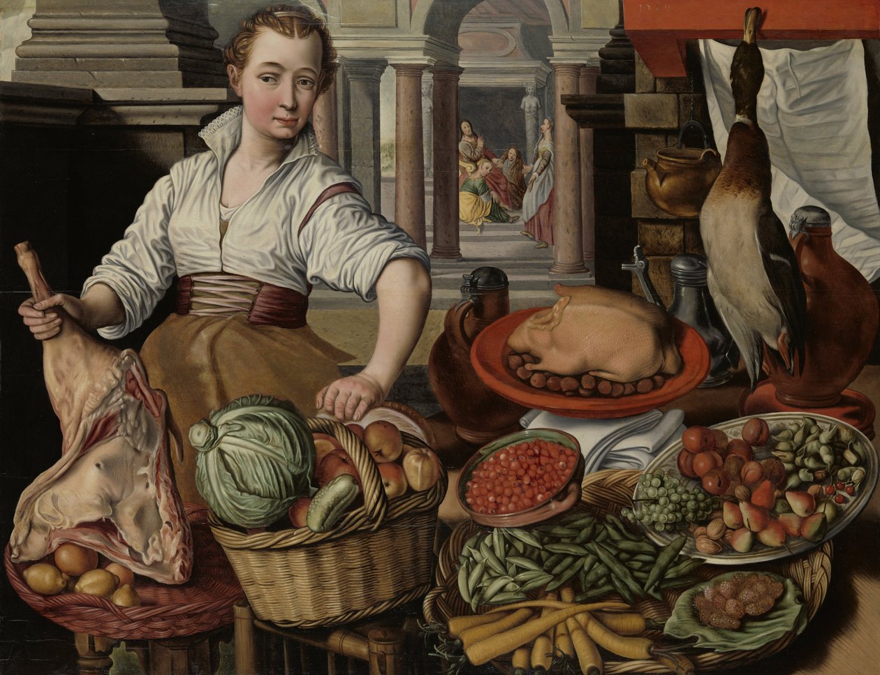 Kjøkkenscene, med Jesus i huset til Martha og Maria i bakgrunnen, 1569 av Joachim Beuckelaer