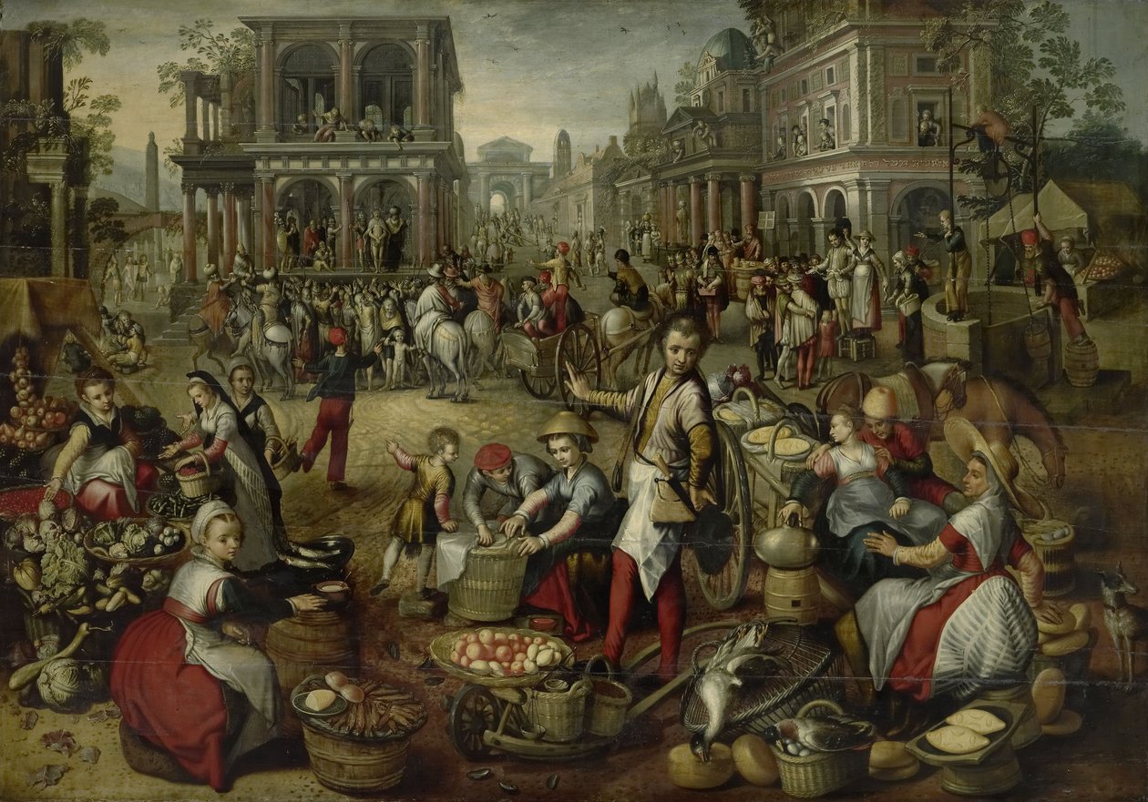 Markedsplass, med Flagelering, Ecce Homo og Korsbæring i bakgrunnen, 1550-90 av Joachim Beuckelaer