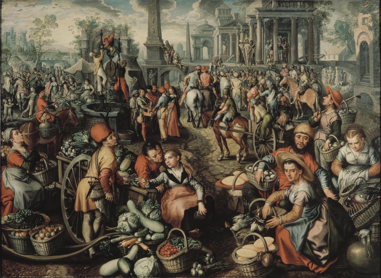 Scene de marche avec Ecce Home, la flagellation et le Christ portant sa Croix - Markedsscene med Ecce Homo, flagellasjonen og korsbæringen, av Beuckelaer, Joachim (ca. 1533-1574). Olje på tre av Joachim Beuckelaer