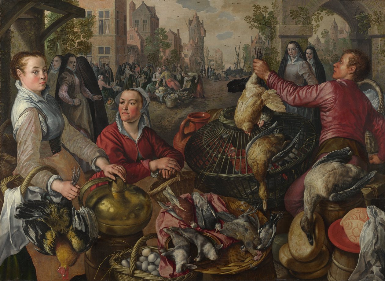 De fire elementene: En fjærfestall i en by med den fortapte sønnen bortenfor - en allegori om luft, 1569 av Joachim Beuckelaer