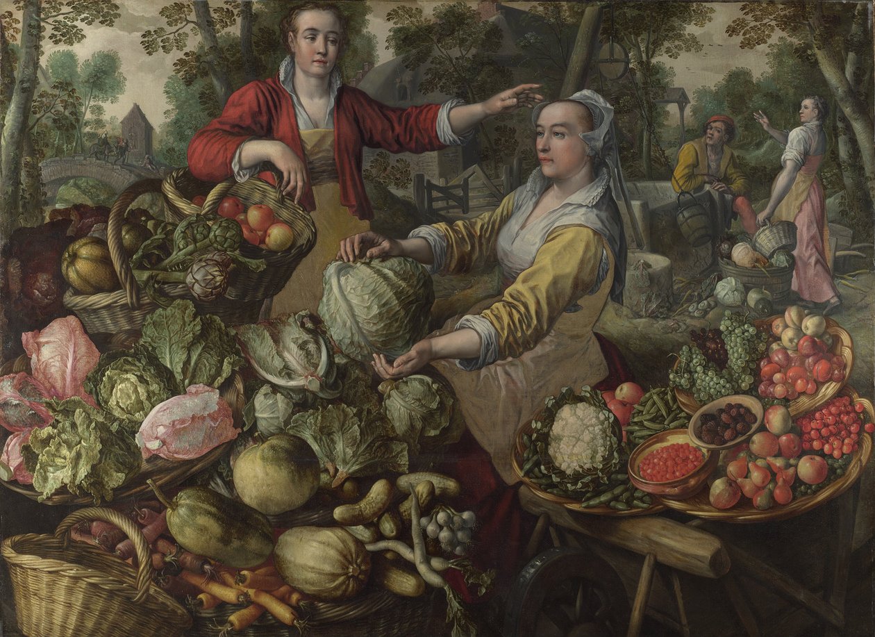 De fire elementene: Jorden. Et frukt- og grønnsaksmarked med flukten til Egypt i bakgrunnen - av Beuckelaer (Beuckelaer), Joachim (1533-1574) - 1569 National Gallery, London av Joachim Beuckelaer
