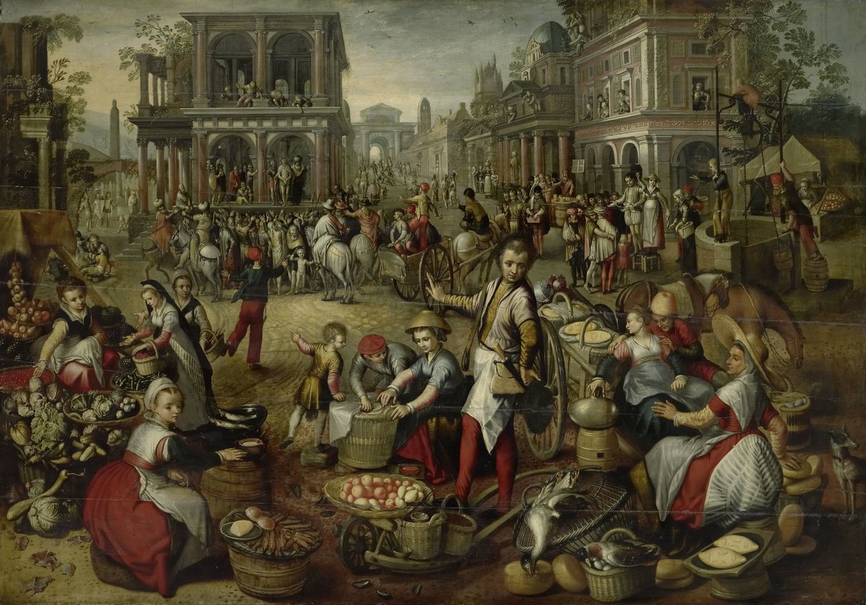 Markedsplass, med Flagelering, Ecce Homo og Korsbæring i bakgrunnen av Joachim Bueckelaer (copy after)