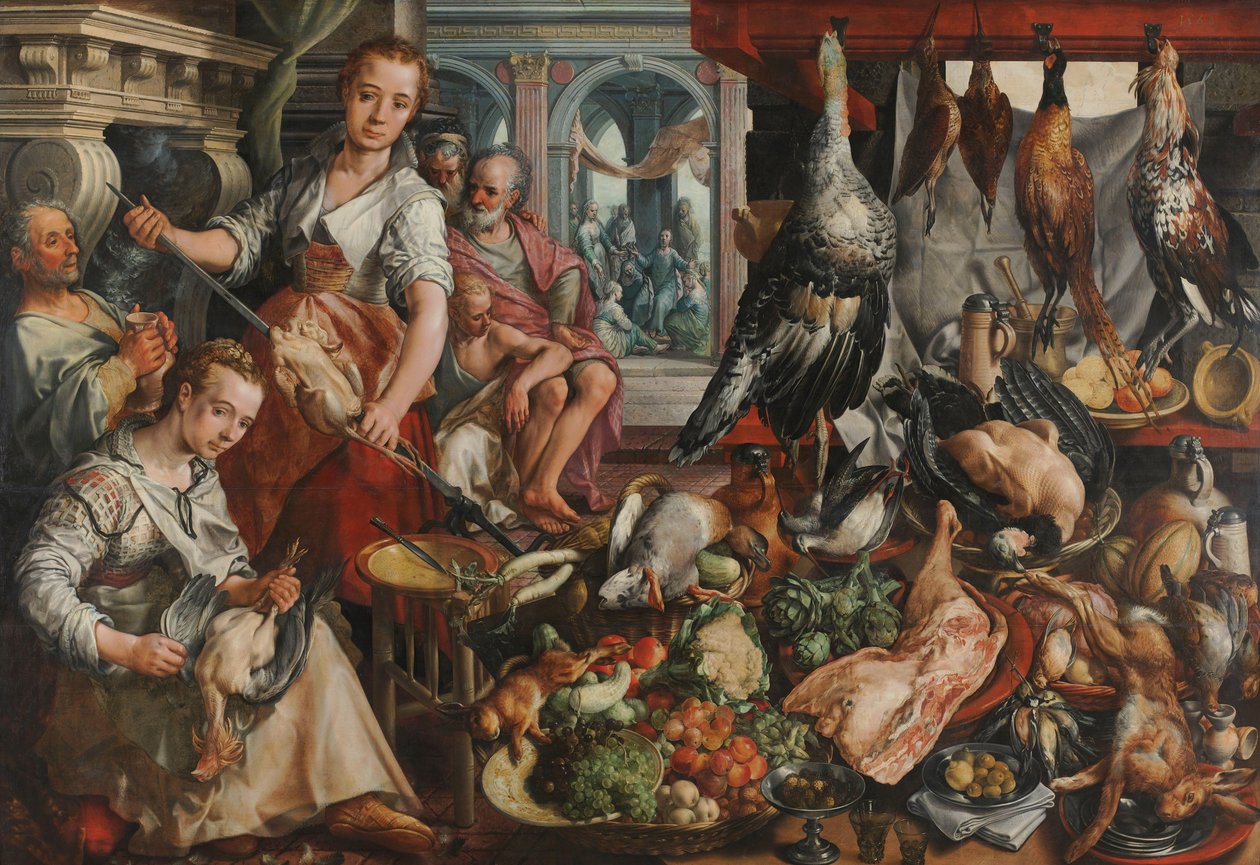 Det velfylte kjøkkenet, med Jesus i huset til Martha og Maria i bakgrunnen av Joachim Bueckelaer