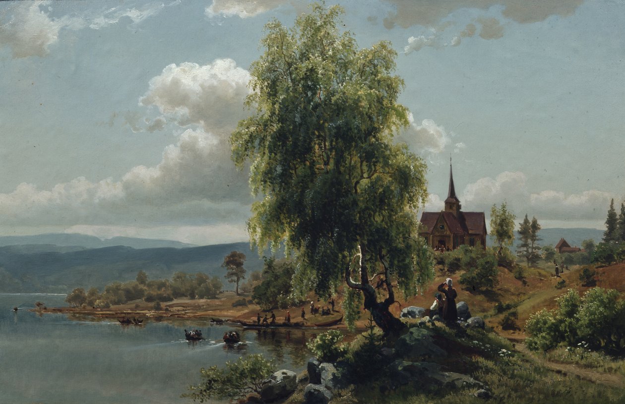 Kirke på fjorden (olje på lerret) av Joachim Frich
