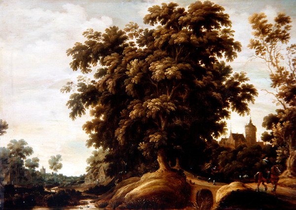 Et elvelandskap med figurer og en landsby utenfor (olje på panel) av Joachim Govertsz Camphuysen