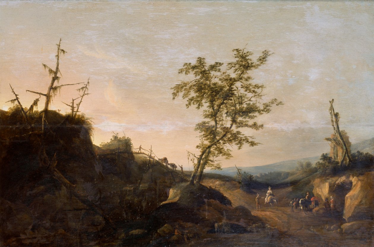 Reisende i et landskap (olje på lerret) av Joachim Govertsz Camphuysen