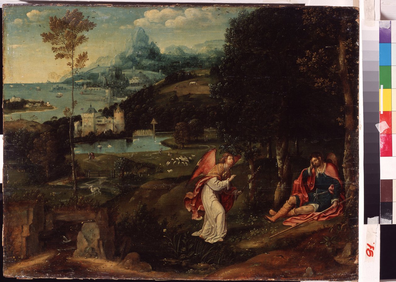 "Landskap med legenden om Saint Roch" (Landskap med legenden om Saint Roch) Saint Roch (1345-1376), syk av pesten, ble drevet ut av byen. Maleri av Joachim Patinir (Patinier eller Patenier) (cirka 1480-1524) Kharkov nasjonalmuseum Ukraina av Joachim Patinir