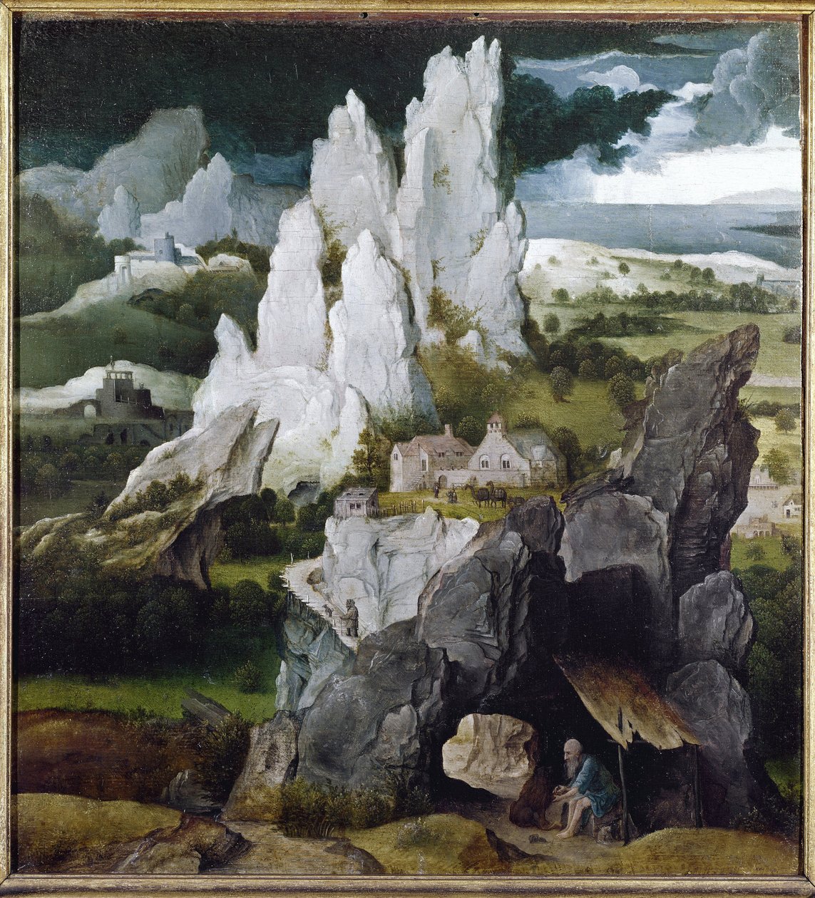 St Hieronymus i et steinete landskap (olje på tre av Joachim Patinir