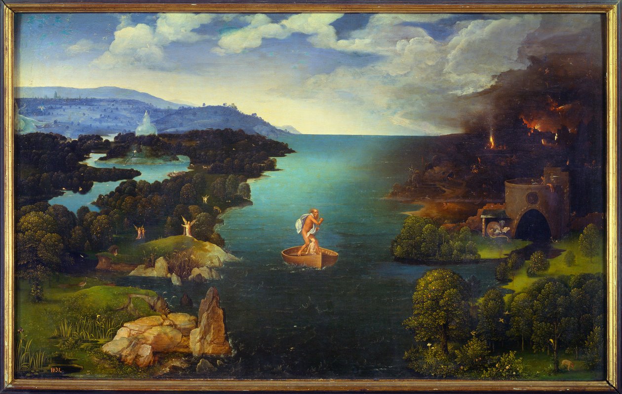 Passasjen til Styx Charon (Caron) på båten hans i underverdenen. Maleri av Joachim Patinir (Skater) (1485-1524) (ec.flam.) Søn 0,64x1,03 m Madrid, musee du prado av Joachim Patinir