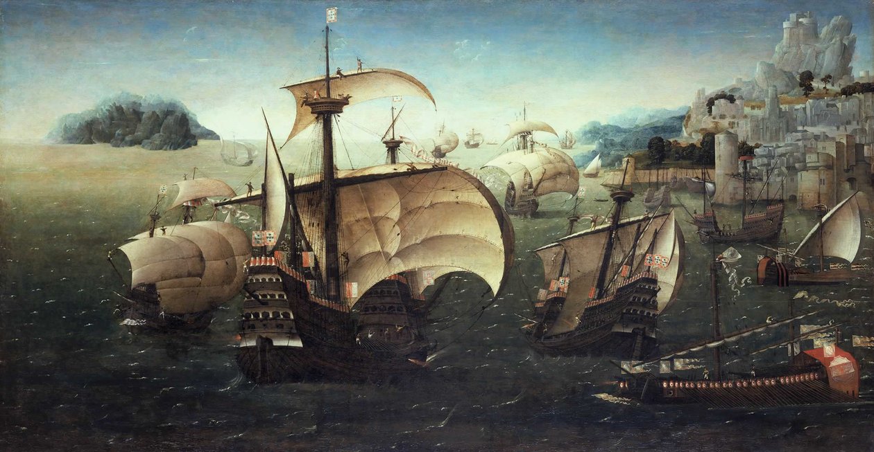 Portugisiske Carracks utenfor en steinete kyst, ca. 1540 av Joachim Patinir follower of