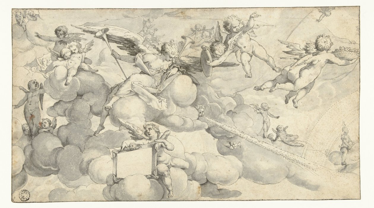 Putti og engel med kartusj av Joachim Wtewael (circle of)