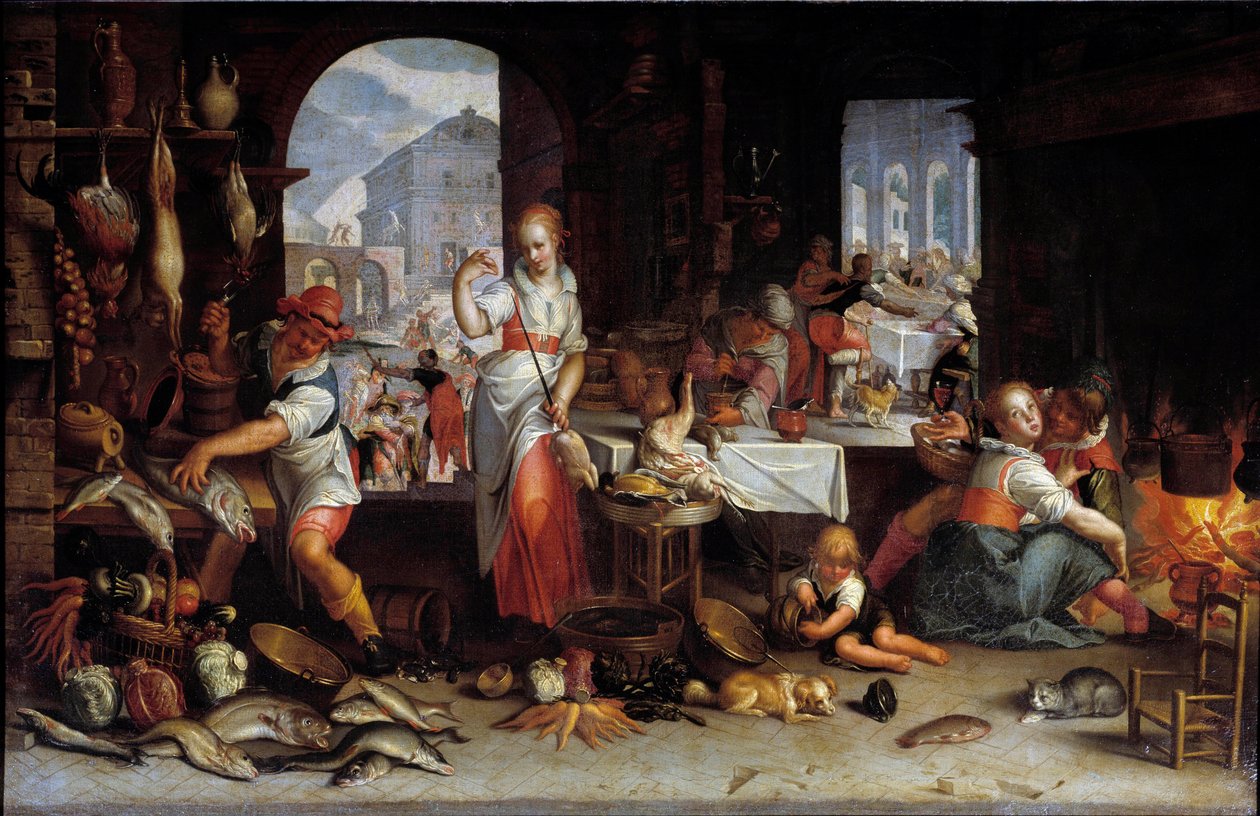 En kvinne snurrer en kylling på et kjøkken fylt med mat. Maleri av Joachim Wtewael (1556-1638) Søn. 0,63x1 m av Joachim Wtewael or Utewael
