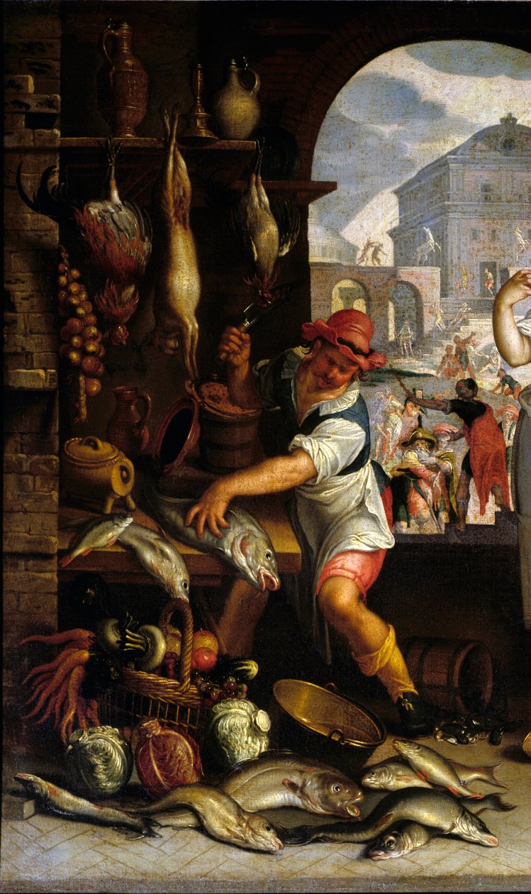 Detalj av "" Kjøkkenscene med lignelsen om festen"" En mann tilbereder fisk. Maleri av Joachim Wtewael (1556-1638) Søn. 0,63x1 m Paris, Musée du Louvre. av Joachim Wtewael or Utewael