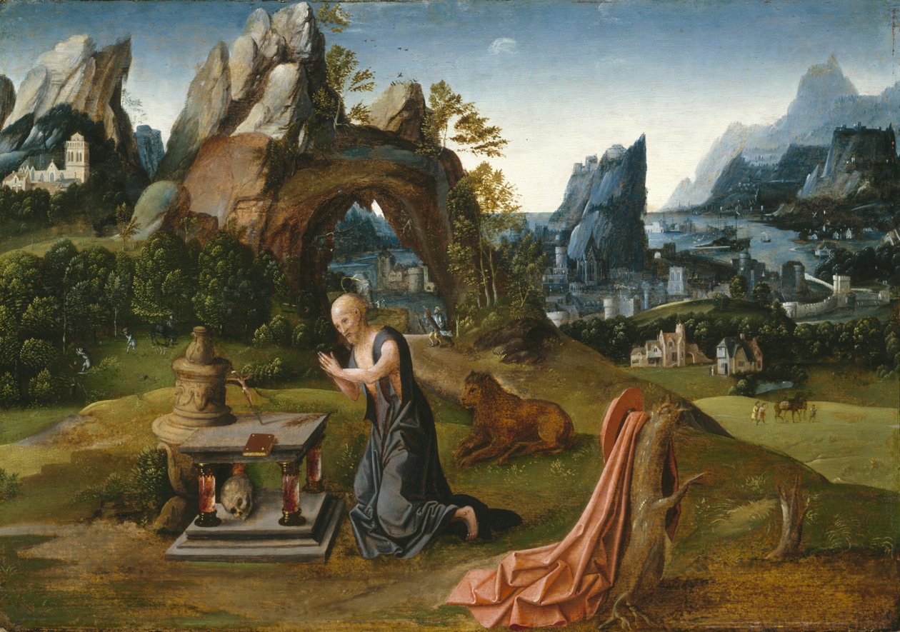 St. Hieronymus ber i et landskap, 1525-50 av Joachim follower of Patenier or Patinir