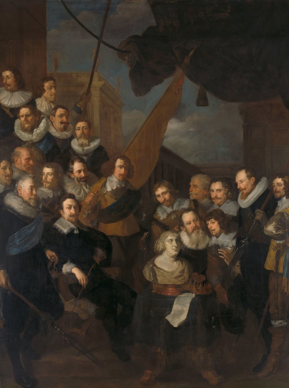 Offiserer og andre borgergardister fra XIX-distriktet i Amsterdam, under kommando av kaptein Cornelis Bicker og løytnant Frederick van Banchem, venter på å ønske Marie de Médicis velkommen, 1. september 1638 av Joachim von Sandrart (I)