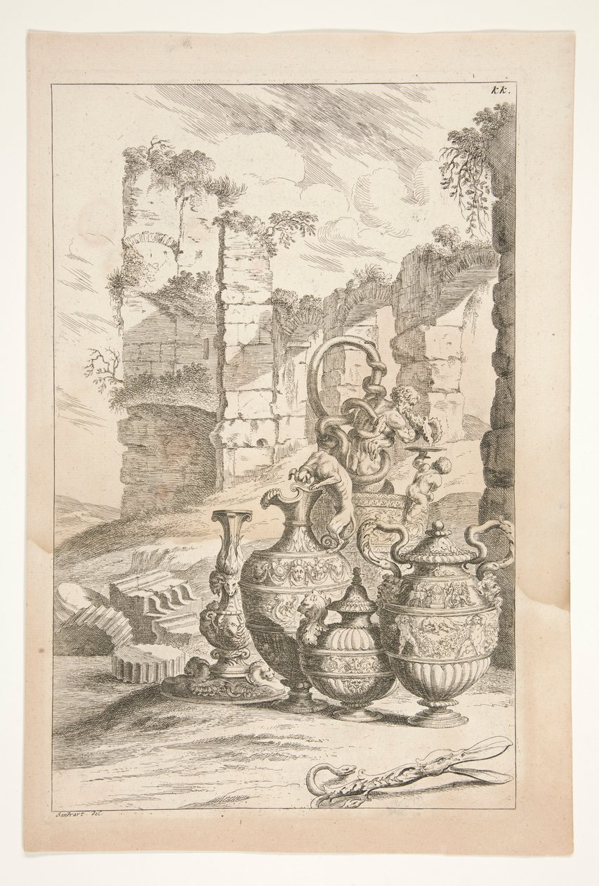 En lysestake og håndterte dekorative ører i et landskap med ruiner, fra Sculpturae Veteris Admirata av Joachim von Sandrart