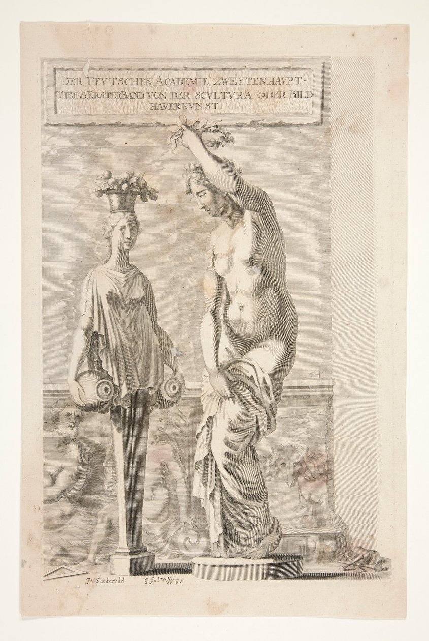 En statue og en kvinnelig herm som bærer vaser og frukt av Joachim von Sandrart