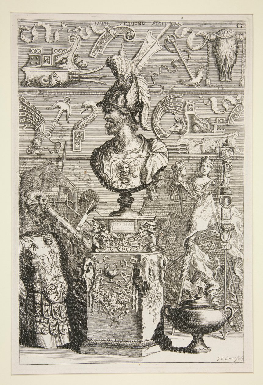 En statue av Lucius Sciopione, rustning og andre antikke bannere og fragmenter av Joachim von Sandrart