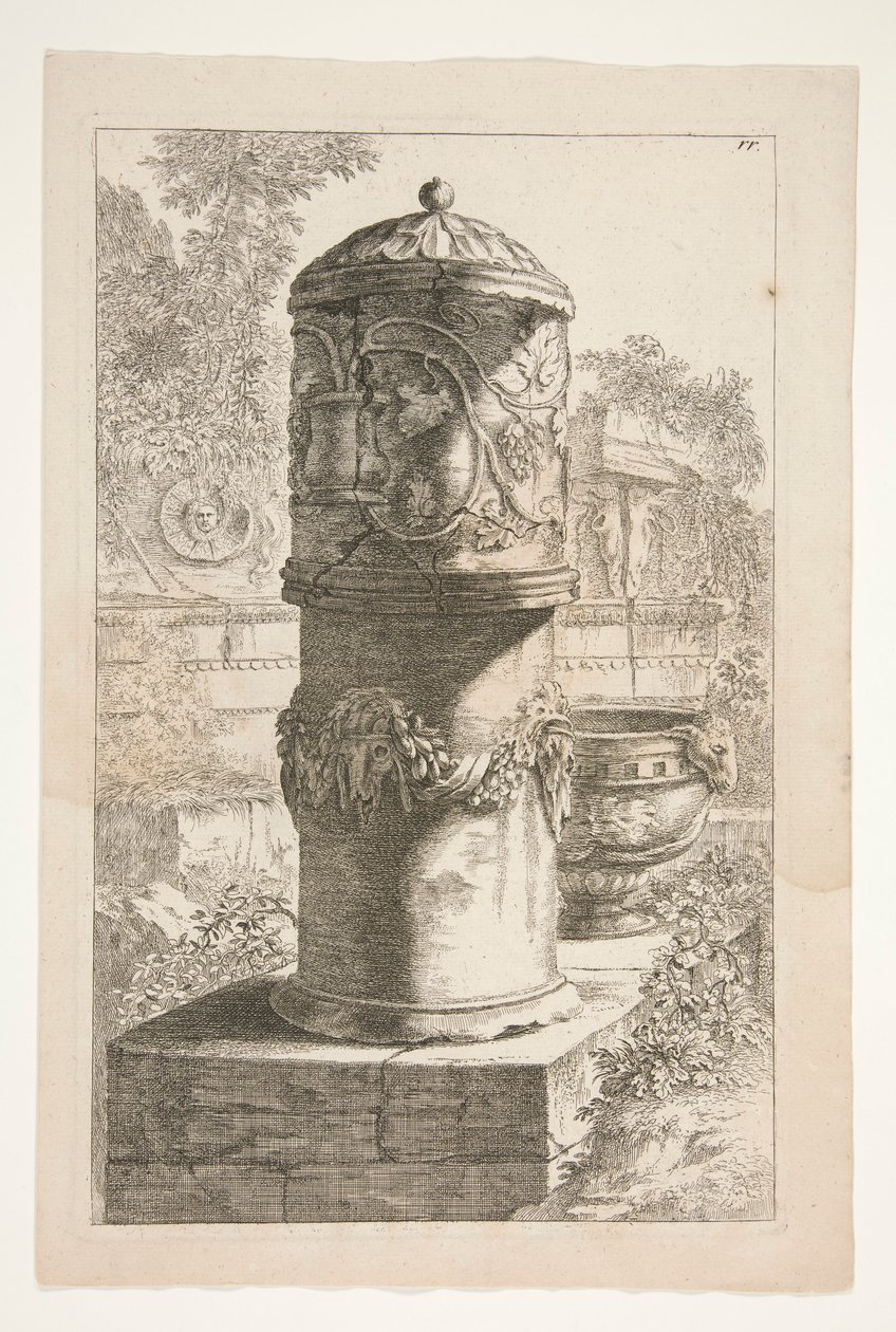 En høy dekket urne og en skål i et landskap med klassiske ruiner av Joachim von Sandrart