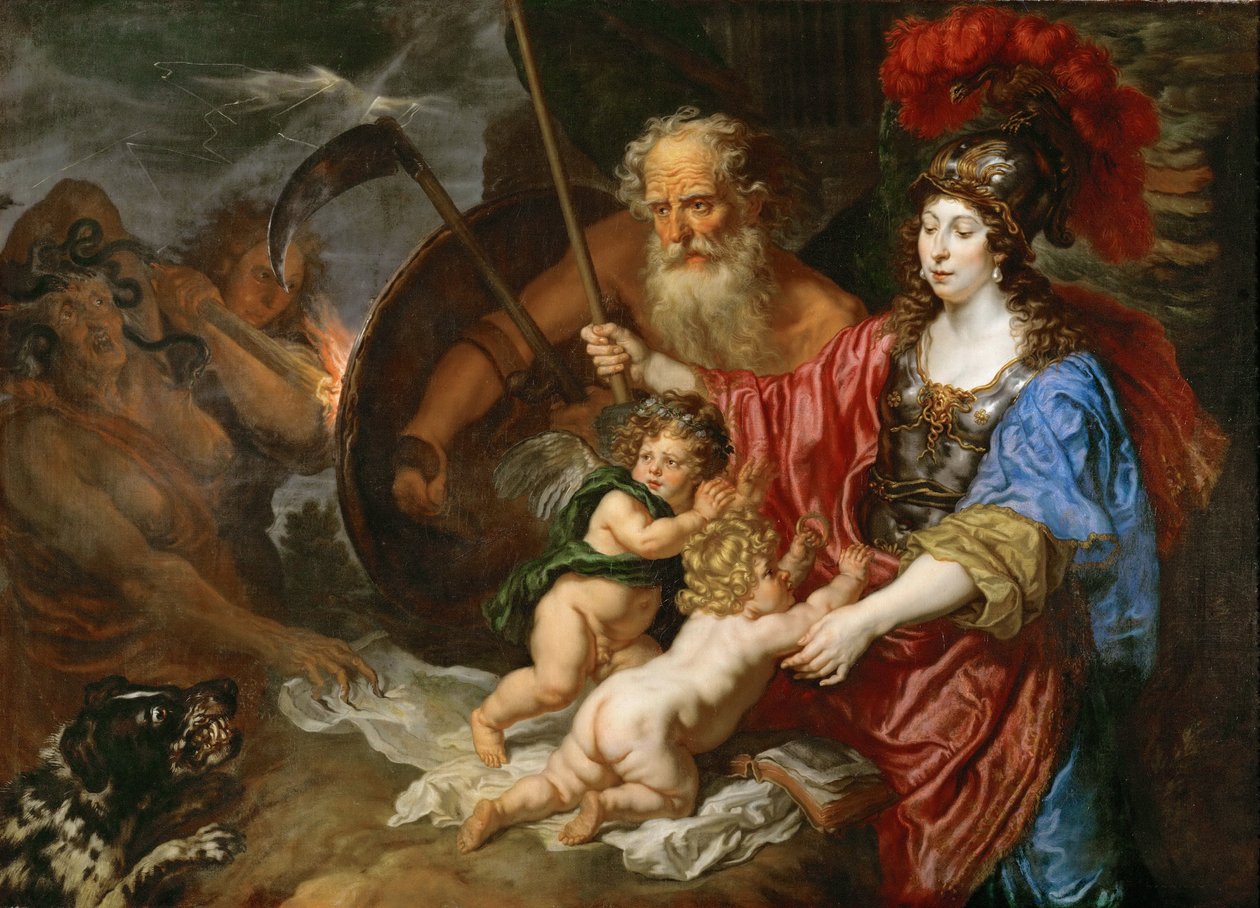 Barokk: Minerva og Saturn beskytter kunst og vitenskap mot misunnelse og falskhet - Minerva og Saturn beskytter kunst og vitenskap mot misunnelse og falskhet av Sandrart, Joachim, von (1606-1688) av Joachim von Sandrart