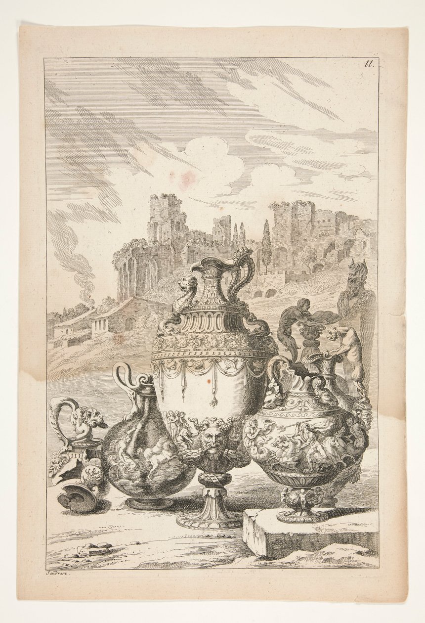Fire vaser, en ødelagt vase, en ødelagt lysestake og en herm i et landskap med klassiske ruiner av Joachim von Sandrart