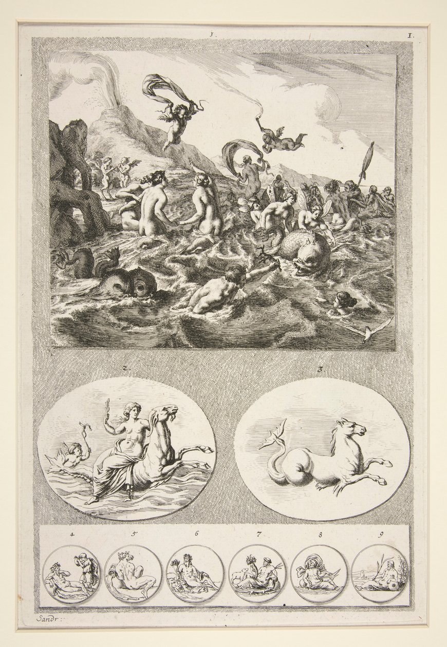 Øverste halvdel: Nereids Sporting Nederste halvdel: To relieffer og seks mynter av Joachim von Sandrart