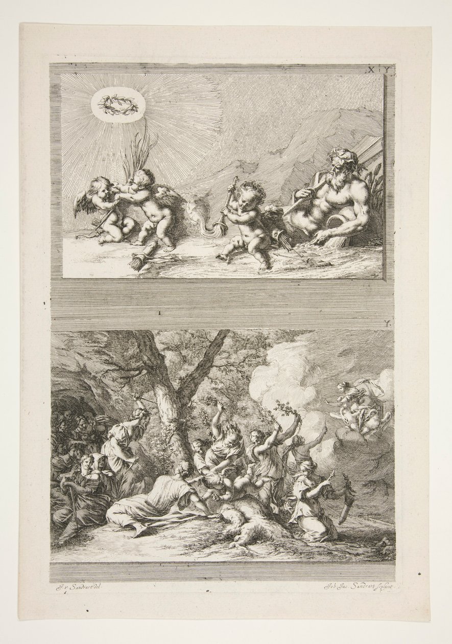 øvre halvdel: A River God og Putti leker med symbolene for berømmelse nederste halvdel: The Punishment of Cupid av Joachim von Sandrart