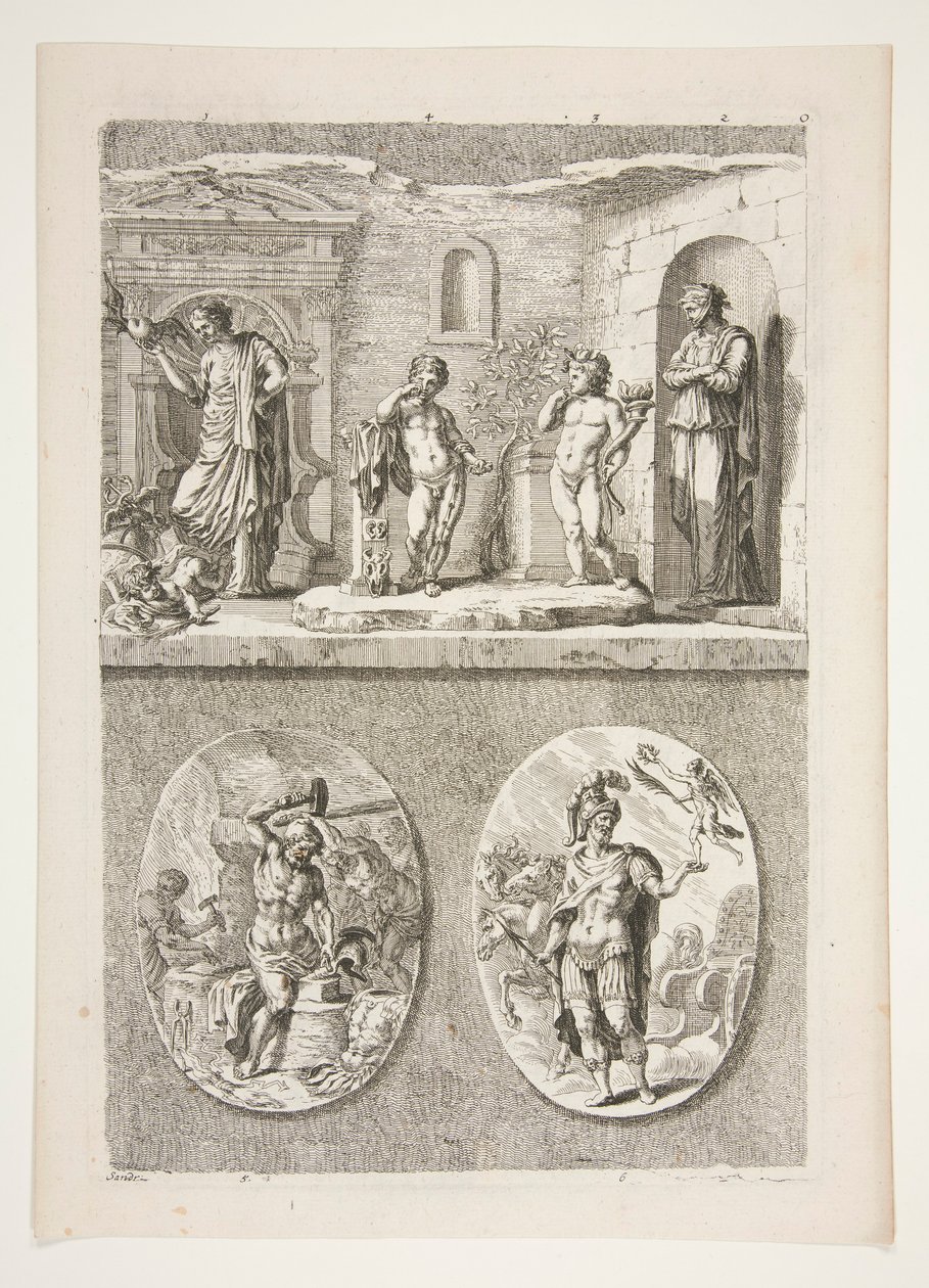 øvre halvdel: Fire antikke statuer nederste halvdel: Forge of Vulcan og A Victorious Roman General av Joachim von Sandrart