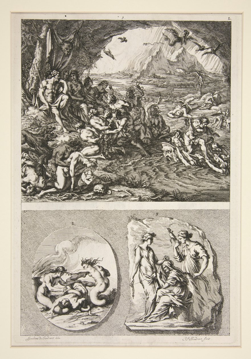 øvre halvdel: Quos Ego? nederste halvdel: To antikke relieffer: De tre skjebnene og et ukjent emne av Joachim von Sandrart