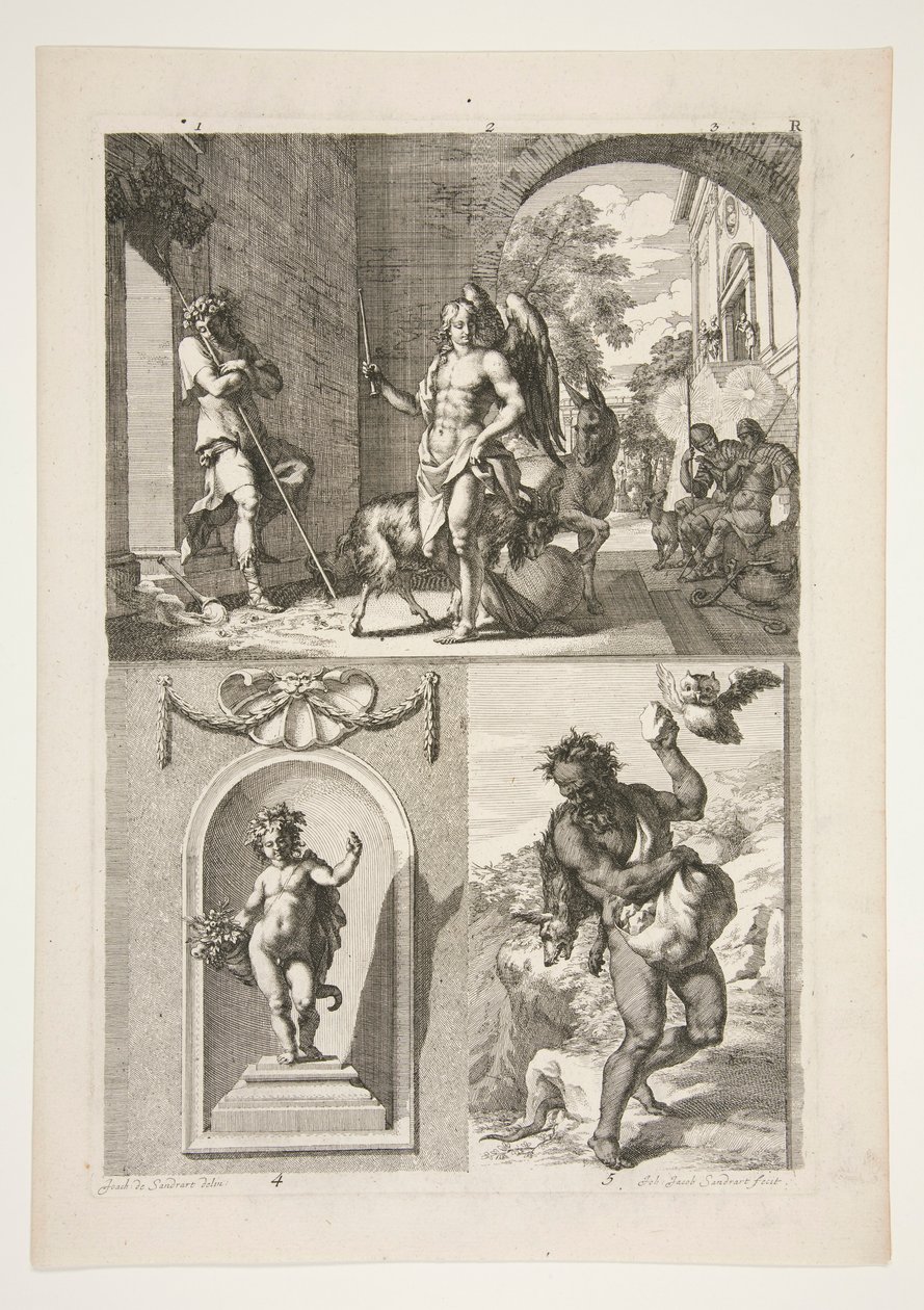 øverste halvdel: Ukjent religiøs Emne nederste halvdel: En statue av en putto i en nisje og en statue av en faun i et landskap av Joachim von Sandrart