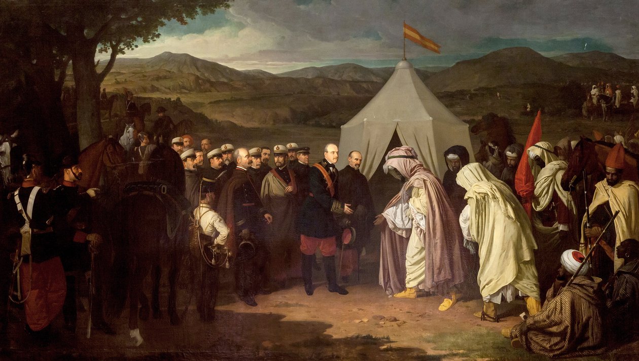 Den afrikanske krigen - Den første marokkanske krigen eller Tetouan-krigen - mellom Spania og Marokko - Wad-Ras-traktaten (Wad Ras-traktaten) 1859 - maleri av Joaquin Dominguez Becquer - Ayuntamiento de Sevilla av Joachin Dominguez Becquer