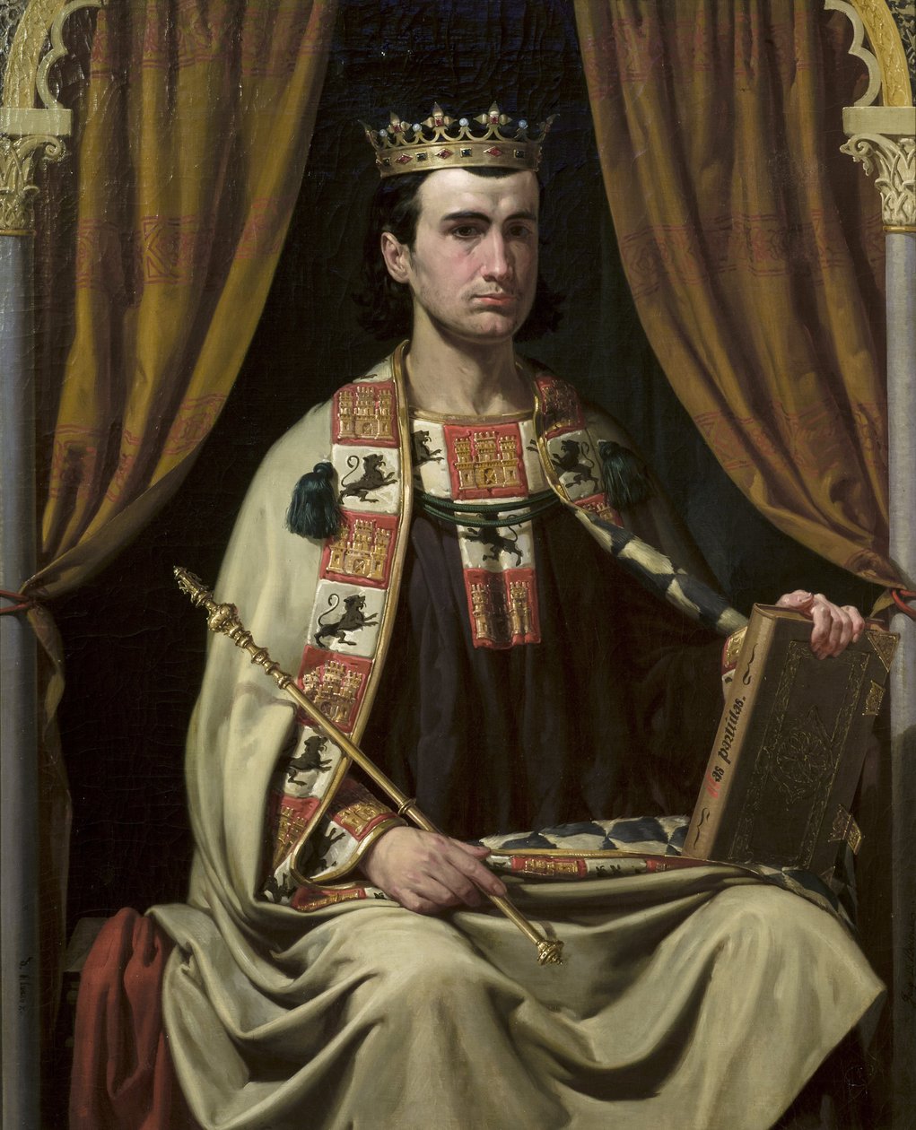 Le roi de Castille Alphonse X le sage (Alfonso X el Sabio) (1221-1284) - Portrett av Alfonso X (1221-1284), kongen av Castilla - maleri av Dominguez Becquer, Joaquin (1817-1879) - - Sevilla bystyre av Joachin Dominguez Becquer