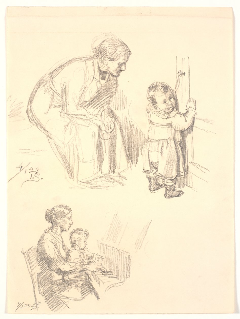 To figurstudier. Over, en sittende kvinne som ser på et barn ved en dør; under, en kvinne med et banner ved pianoet av Joakim Frederik Skovgaard