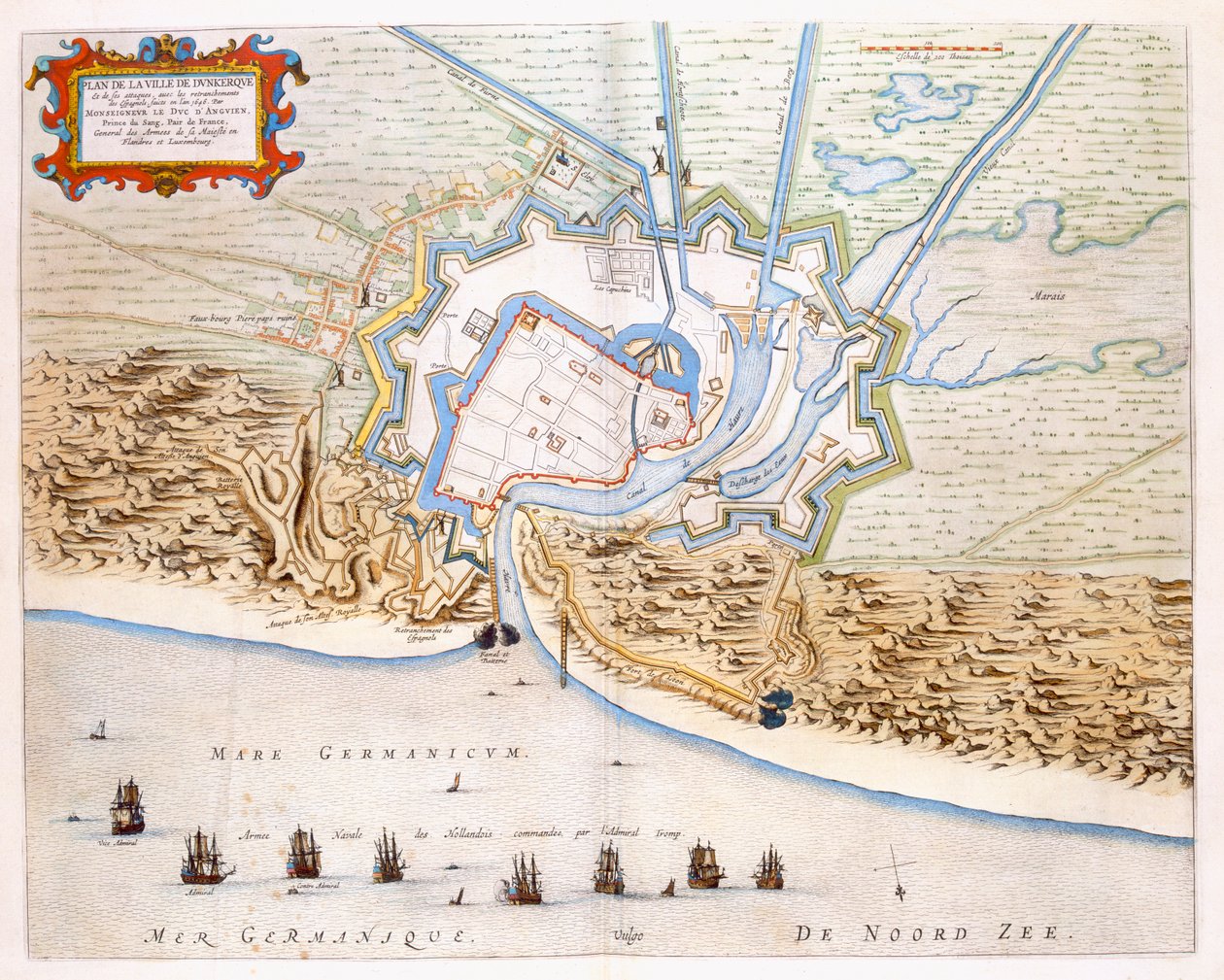 Byen Dunkirk under det spanske herredømmet: plan som viser kystforsvaret, slottet og bastionfestningene, 1649 (håndfarget gravering) av Joan Blaeu