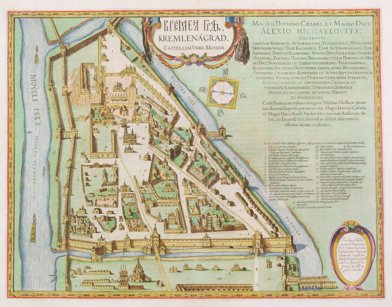 Kart som viser Kreml, Moskva, 1662 (håndfarget etsning) av Joan Blaeu