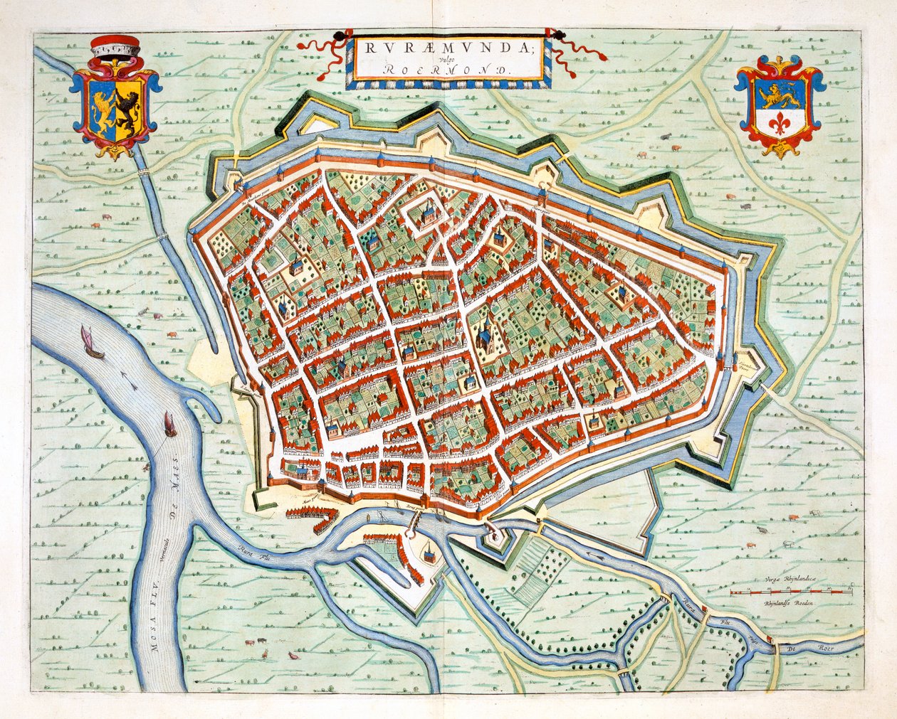 Roermond, 1649 (håndfarget gravering) av Joan Blaeu