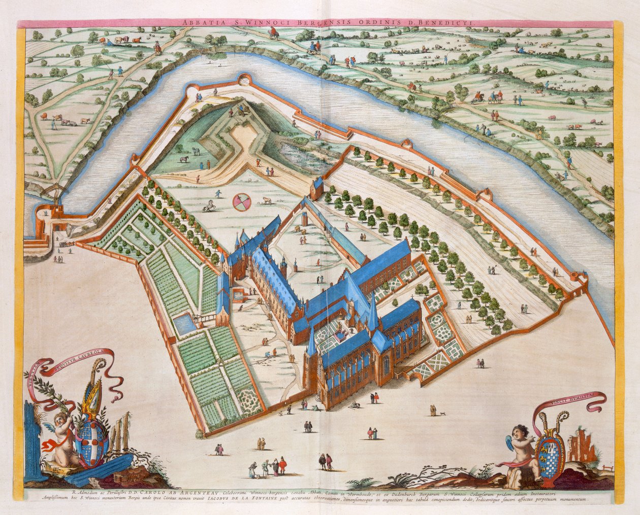 Benediktinerklosteret St. Winnock, Bergen, Nederland, 1649 (håndfarget gravering) av Joan Blaeu