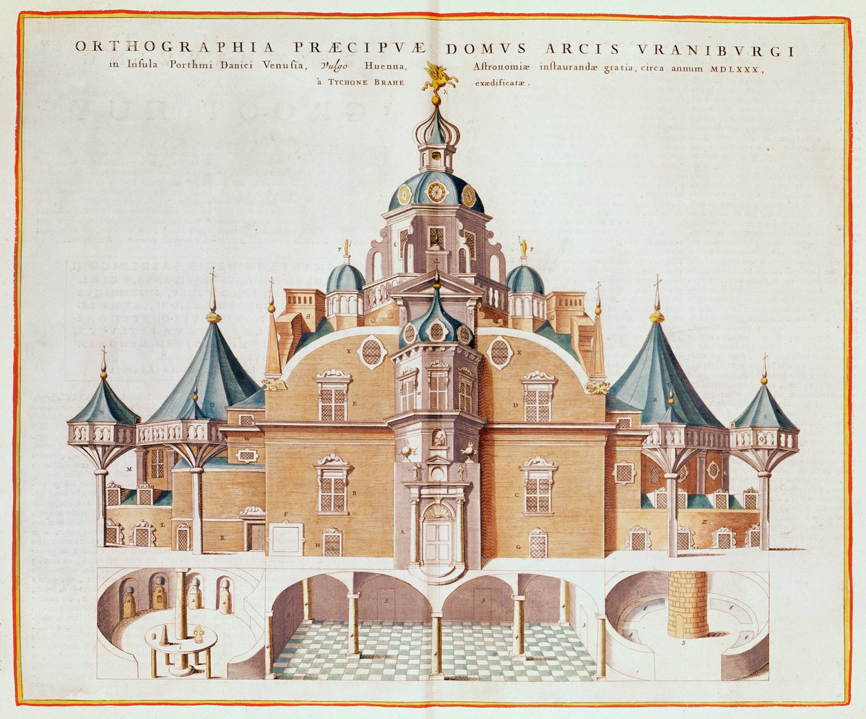Tycho Brahes observatorium Uraniborg fra Joan Blaeus 'Atlas Major', 1663 (fargegravering) av Joan Blaeu