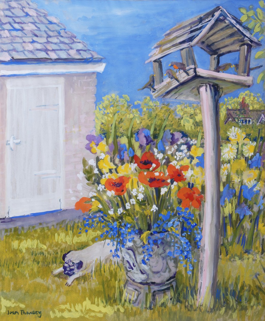 Hyttehage med fuglehus og mops, 2011, gouache av Joan Thewsey