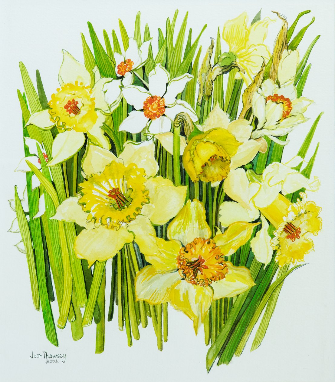 Påskeliljer og narcissus (wc på håndlaget papir) av Joan Thewsey