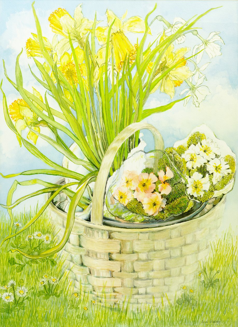 Påskeliljer og primula i en kurv (wc på håndlaget papir) av Joan Thewsey