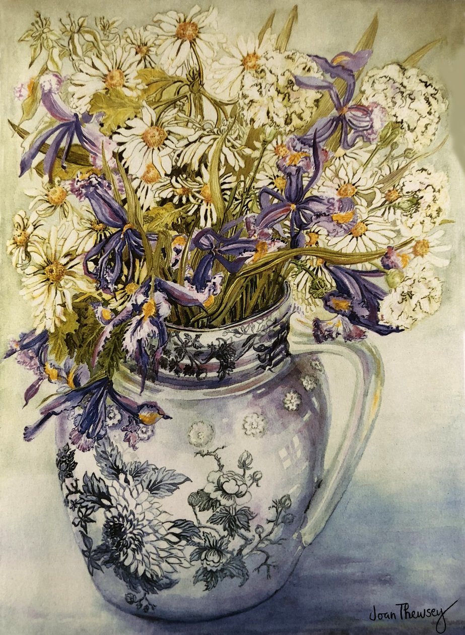Iris, krysantemum og nelliker i en Copeland-kanne, av Joan Thewsey