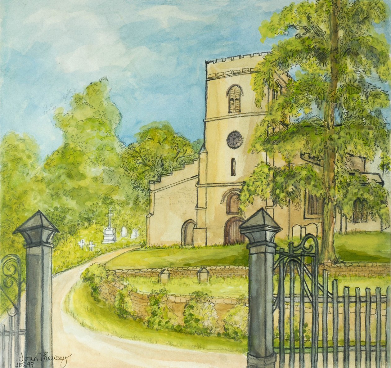 Moulton Church, 2010, blyant med vannfarge av Joan Thewsey