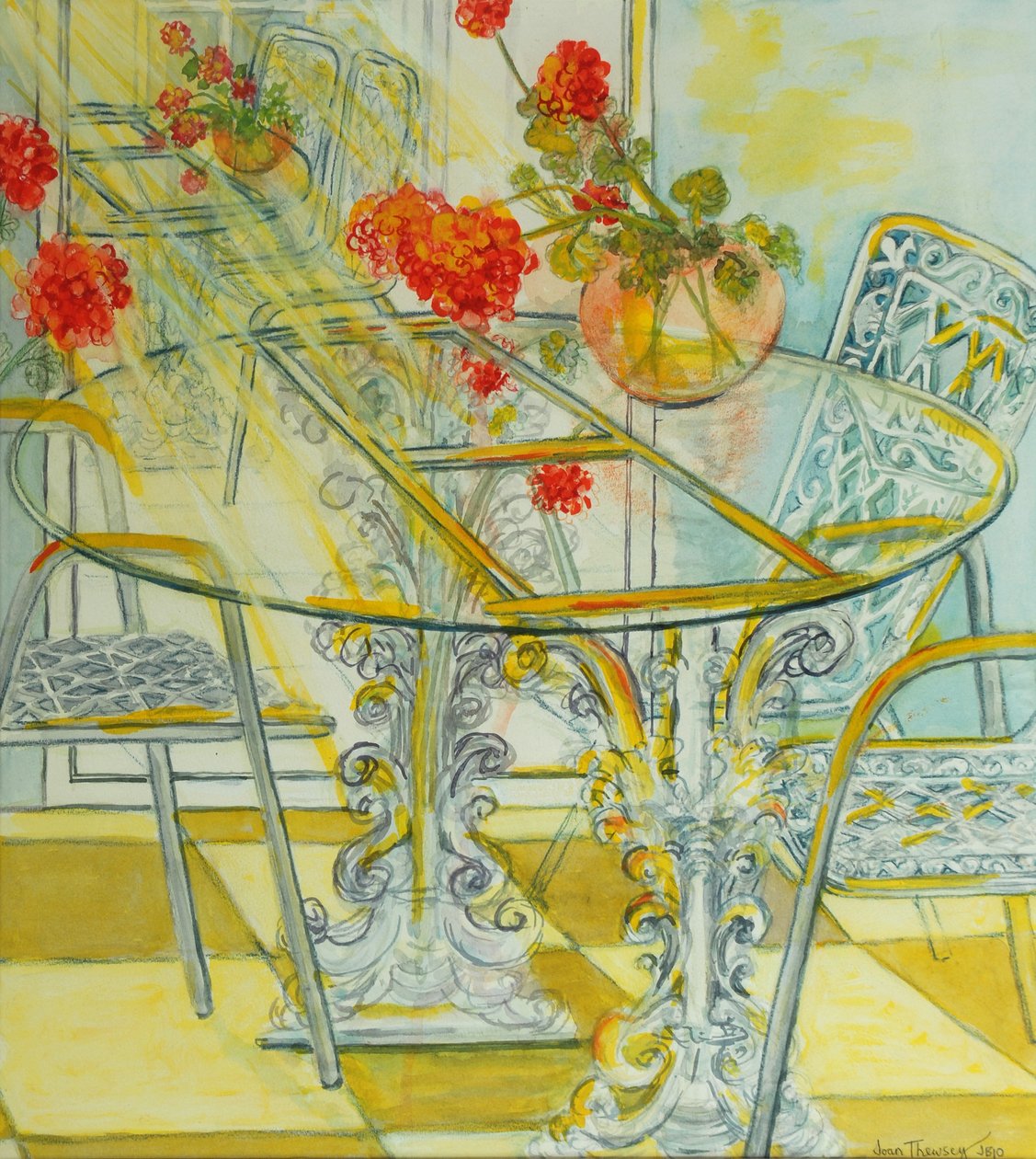 Patio Garden, Geraniums Reflected, 2010, akvarell av Joan Thewsey